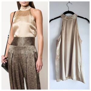 NWT Nili Lotan Vara Lightweight Silk Halter Neck Blouse in Khaki Beige Size 2